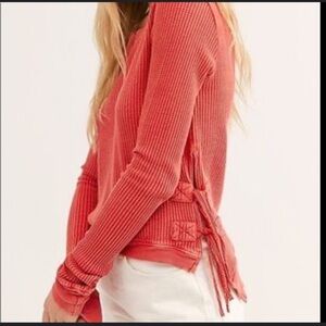 FREE PEOPLE INTERLAKEN RED WAFFLE BOHO LONG SLEEVE TOP - Size Small